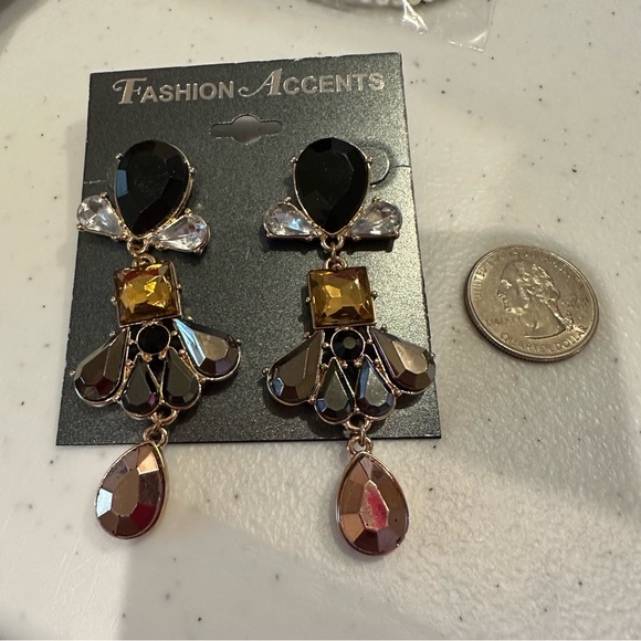 NWT Fashion Accents Earrings gold w/ black, yellow, topaz, clear jewel clusters - Picture 8 of 9